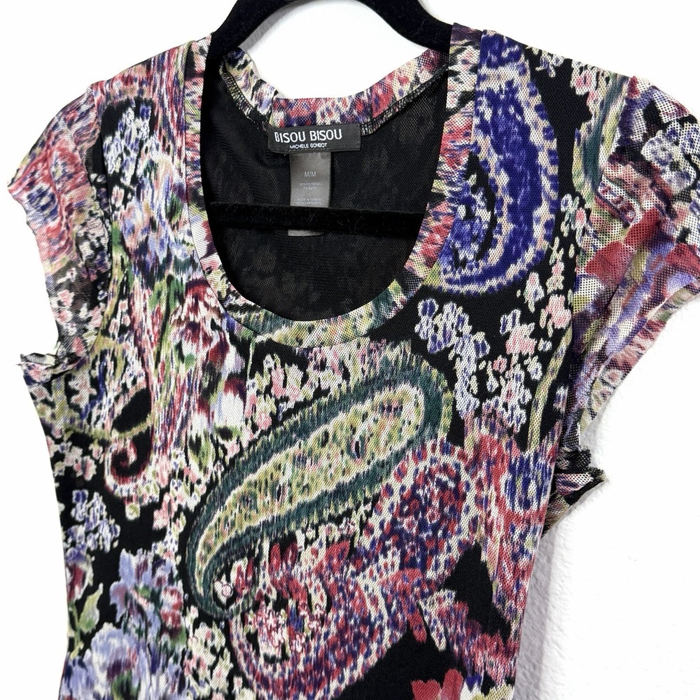 Bisou Bisou Y2K Mesh Top Medium Paisley Floral Whimsy Goth Indie Sleaze Edgy Art - Picture 10 of 14